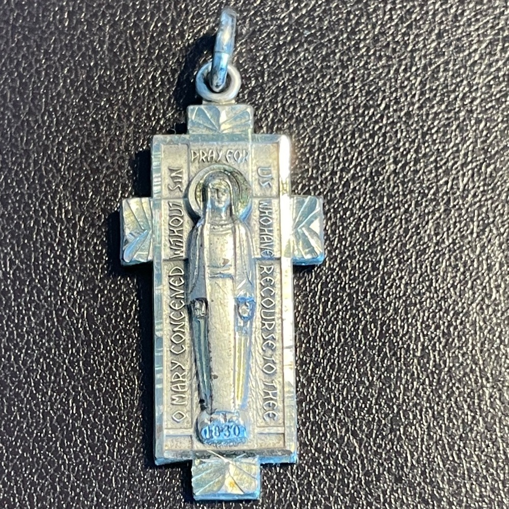 Miraculous Medal Sterling Silver Religious Vintage Virgin Mary Cross Pendant